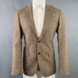 SAKS FIFTH AVENUE Size 40 Khaki Brown Houndstooth Wool Blend Sport Coat